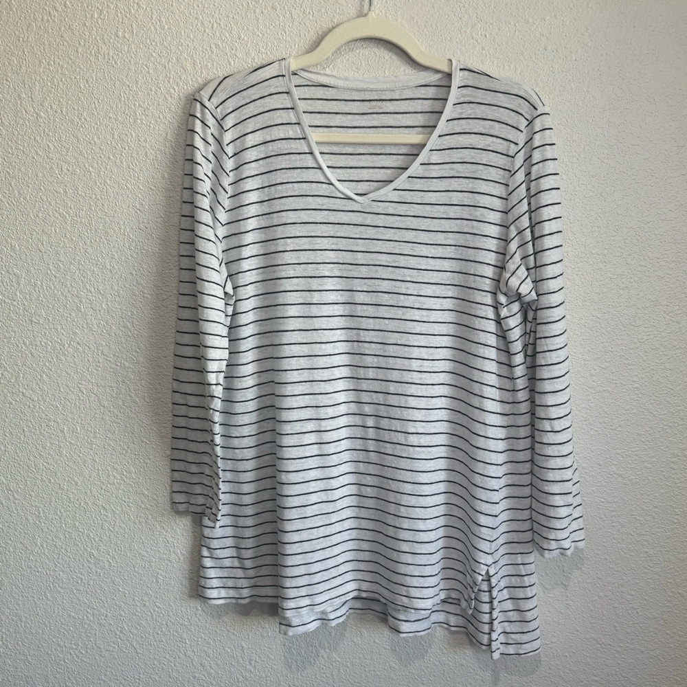 Eileen Fisher Womens Large Organic Linen Striped Vneck Long Sleeve Blouse Boho